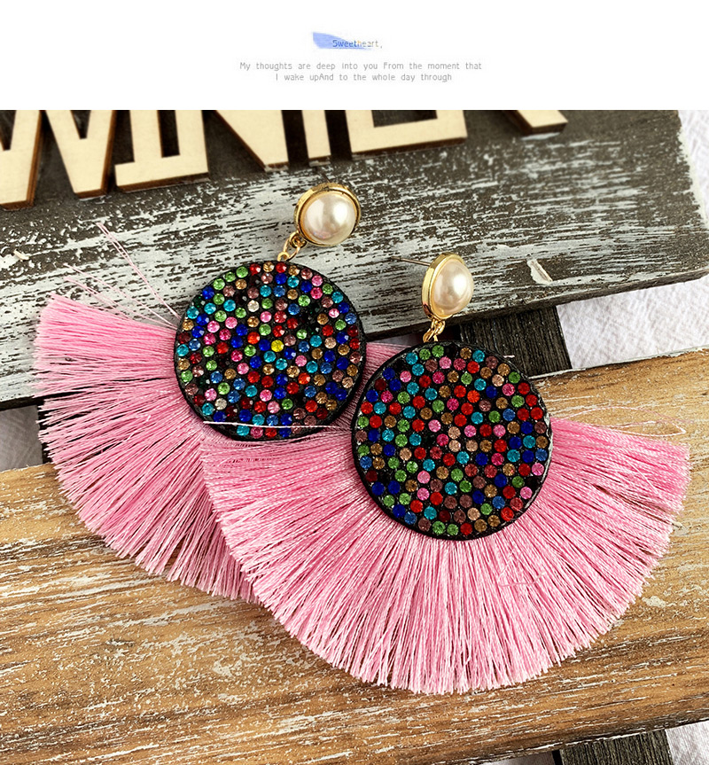 Fashion Light Pink Alloy Rhinestone Pearl Round Tassel Stud Earrings,Drop Earrings