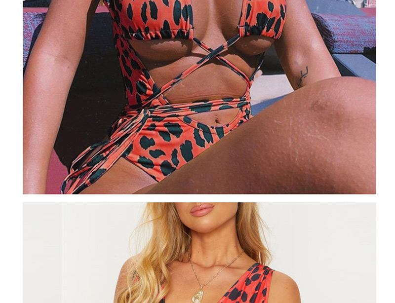 Fashion A992 Orange Red Leopard Openwork Strappy One-piece Swimsuit,One Pieces