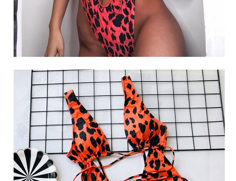 Fashion A992 Orange Red Leopard Openwork Strappy One-piece Swimsuit,One Pieces