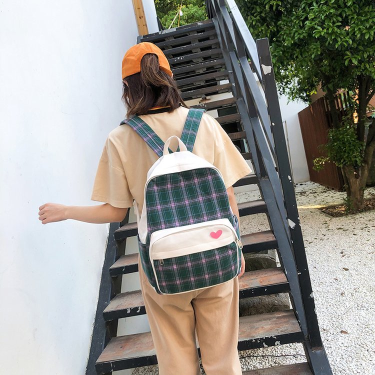 Fashion Green Contrast Plaid Love Pendant Bag,Backpack