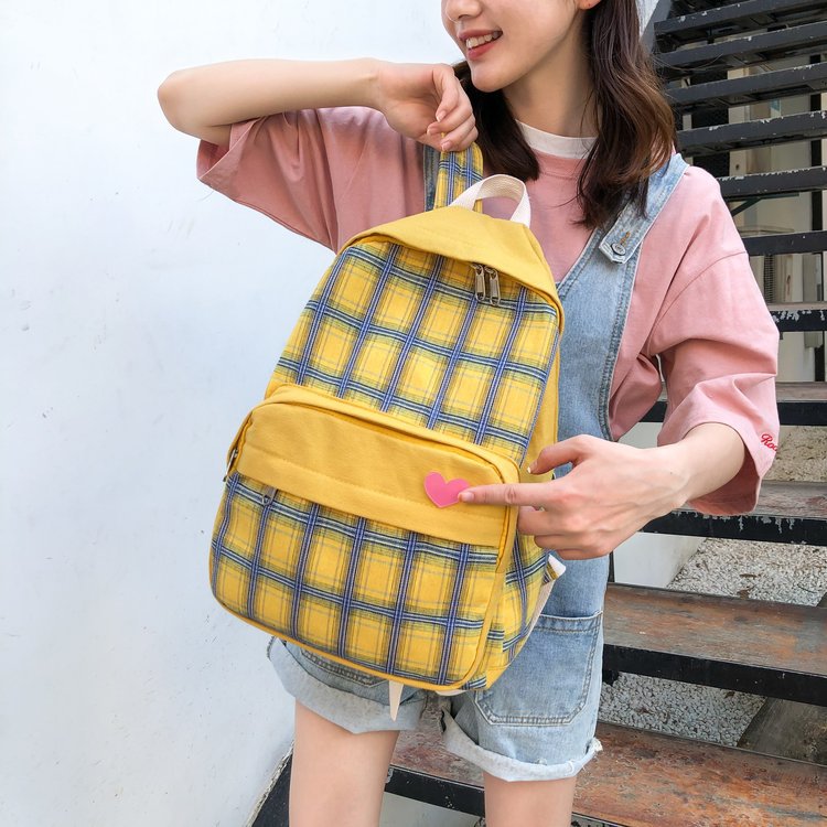 Fashion Yellow Contrast Plaid Love Pendant Bag,Backpack