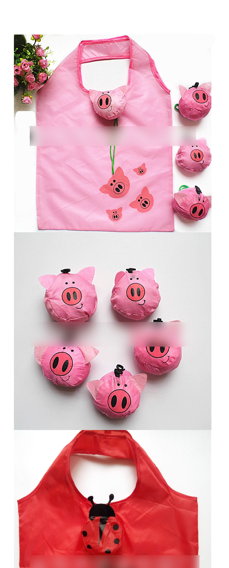 Fashion Piggy Polyester Cartoon Folding Green Shopping Bag,Handbags