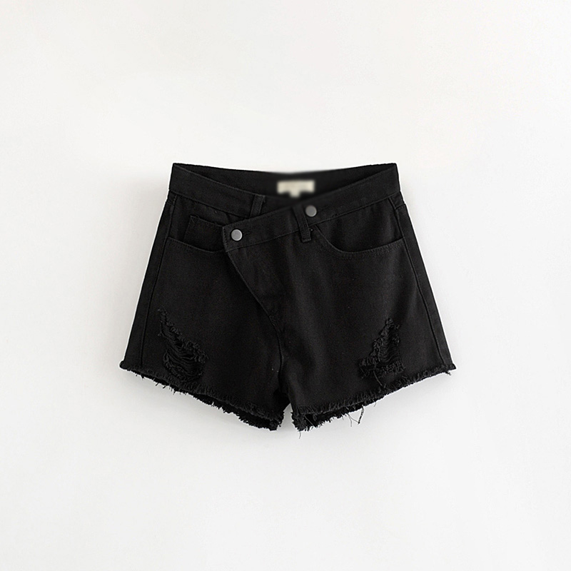 Fashion Black Diagonal Buckle Denim Shorts,Shorts