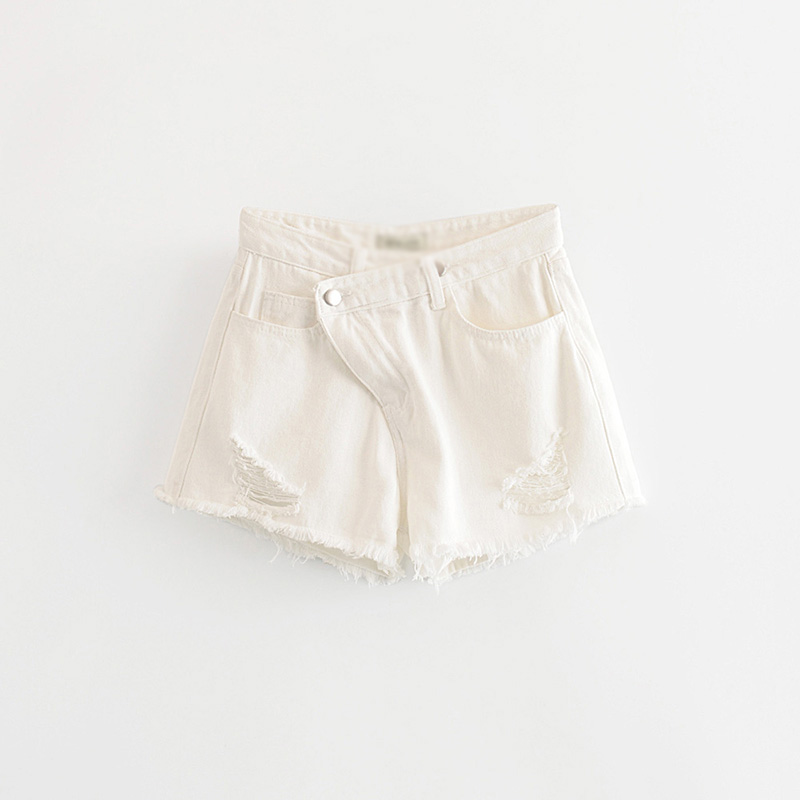 Fashion White Diagonal Buckle Denim Shorts,Shorts