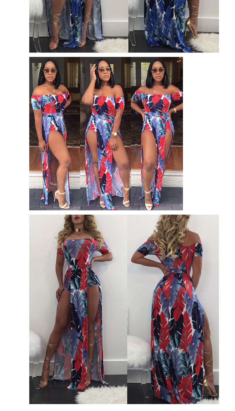 Fashion Navy Blue Digital Printed One-piece Split Dress,Long Dress