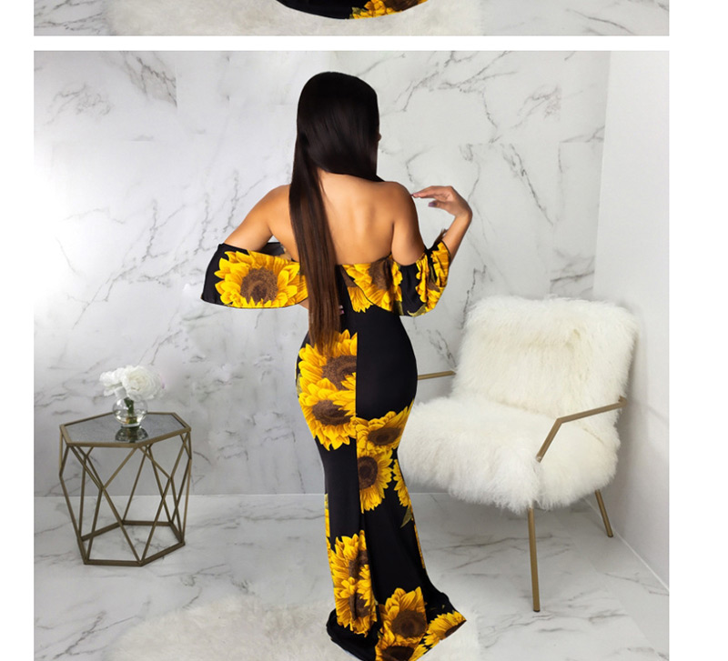 Fashion Yellow Digital Print One-piece Tube Top Dress,Long Dress