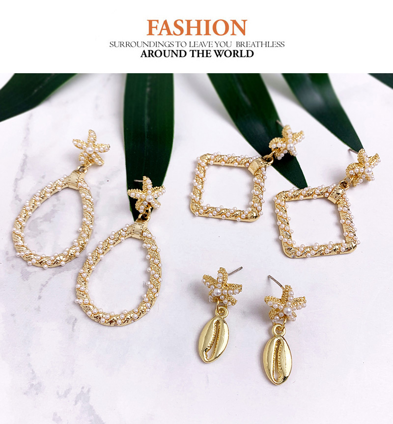 Fashion Gold Alloy Pearl Starfish Square Stud Earrings,Drop Earrings