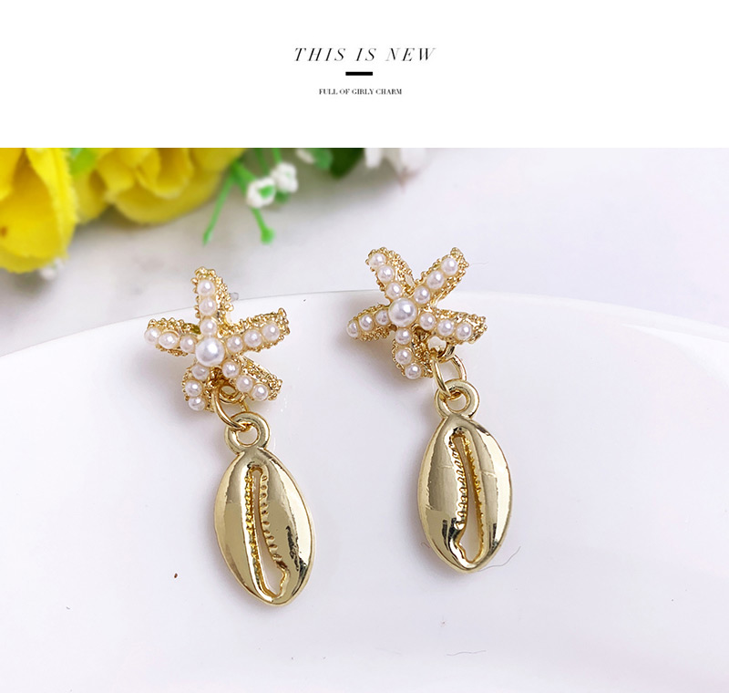 Fashion Gold Alloy Pearl Starfish Square Stud Earrings,Drop Earrings