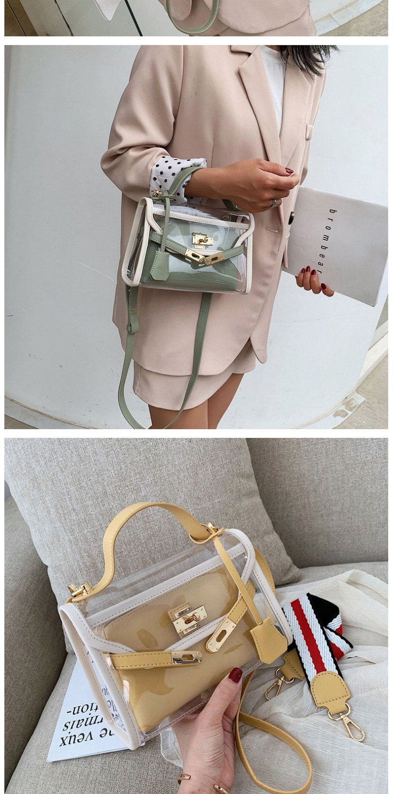 Fashion Matcha Green Shoulder Messenger Hand Strap Transparent Jelly Pack,Handbags