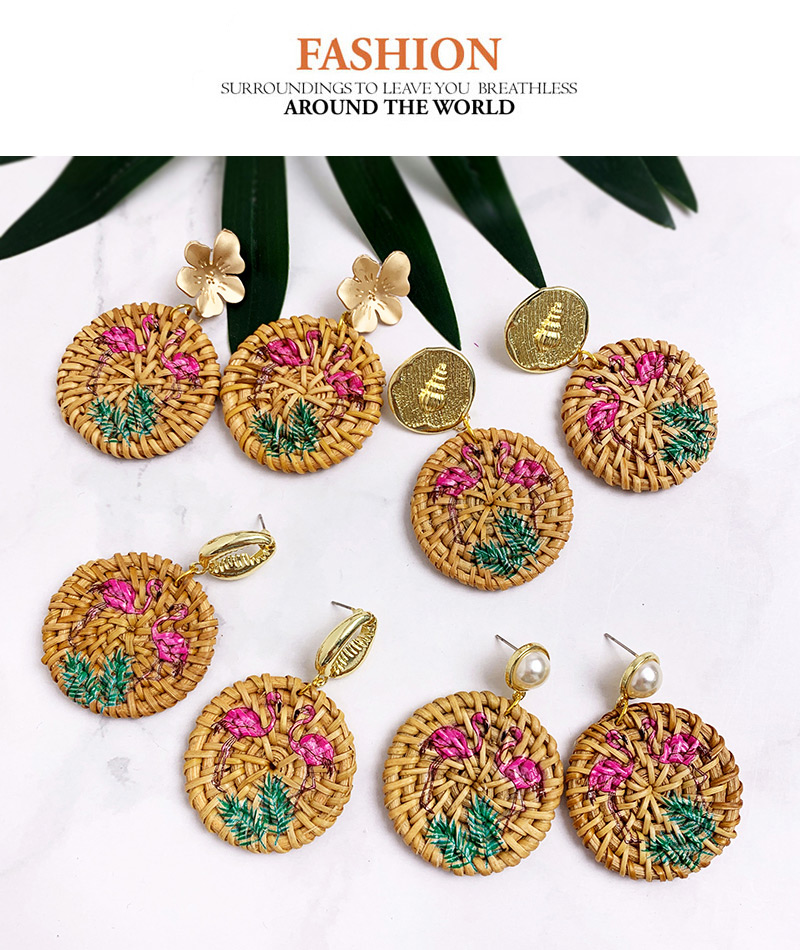 Fashion Khaki Alloy Wood Weave Flower Flamingo Round Earrings,Drop Earrings
