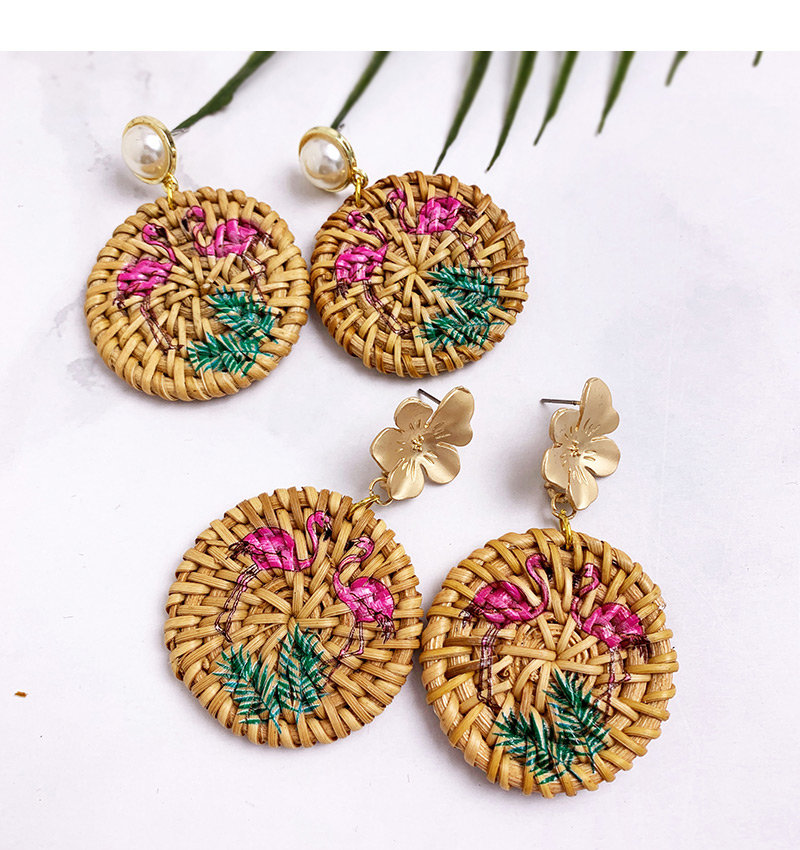 Fashion Khaki Alloy Wood Weave Flower Flamingo Round Earrings,Drop Earrings
