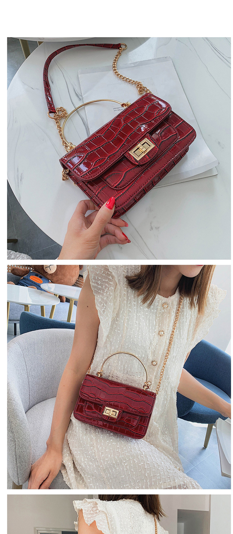 Fashion Red Wine Stone Pattern Crossbody Shoulder Chain Bag,Handbags