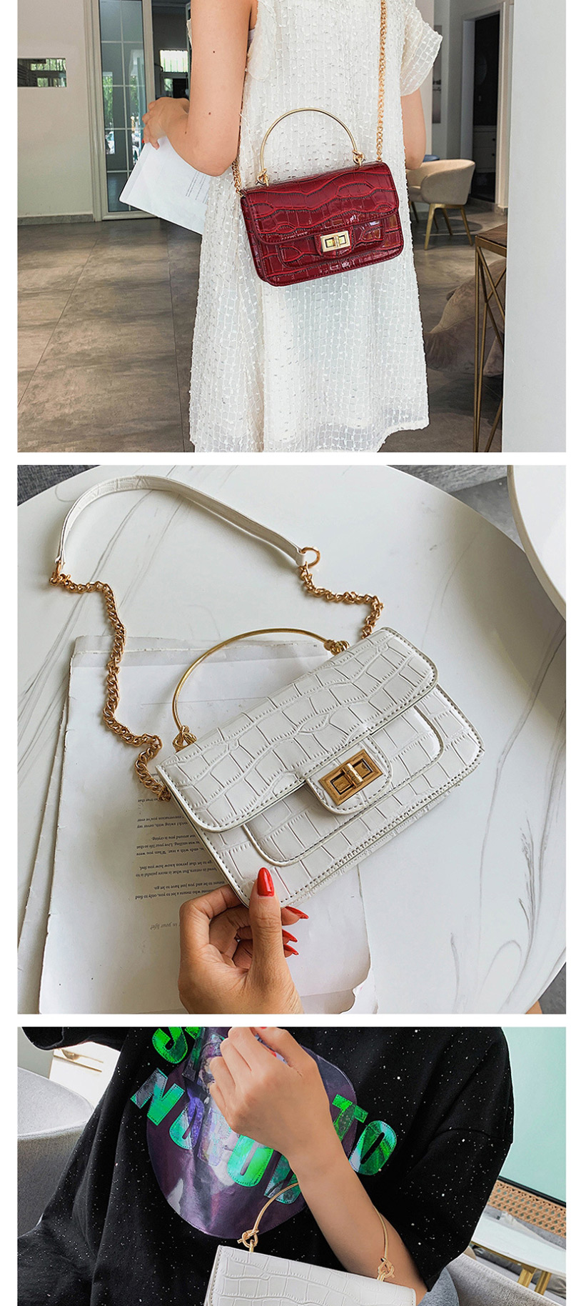 Fashion White Stone Pattern Crossbody Shoulder Chain Bag,Handbags