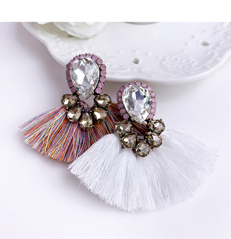 Fashion Khaki + White Alloy Diamond Drop Tassel Earrings,Drop Earrings