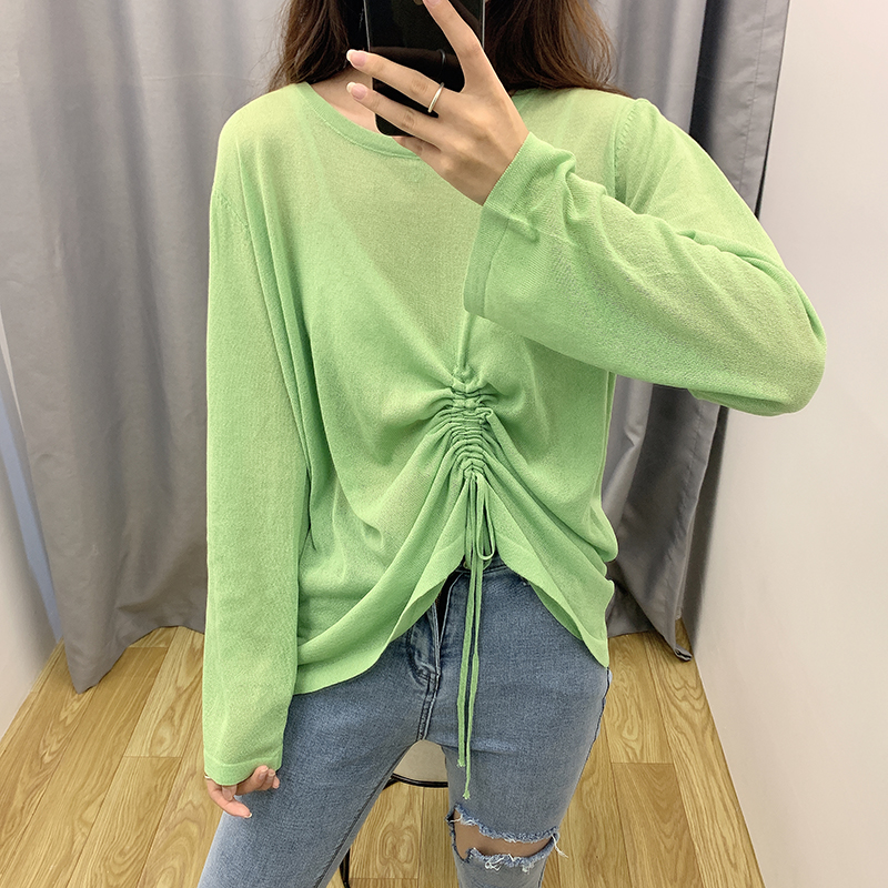 Fashion Green Drawstring Ice Silk Sweater Sunscreen Blouse,Sunscreen Shirts