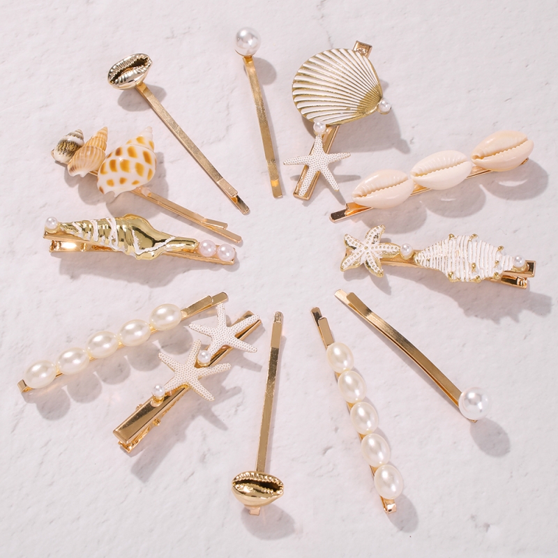 Fashion Golden Conch Alloy Pearl Starfish Shell Hair Clips Three-piece Set,Hairpins