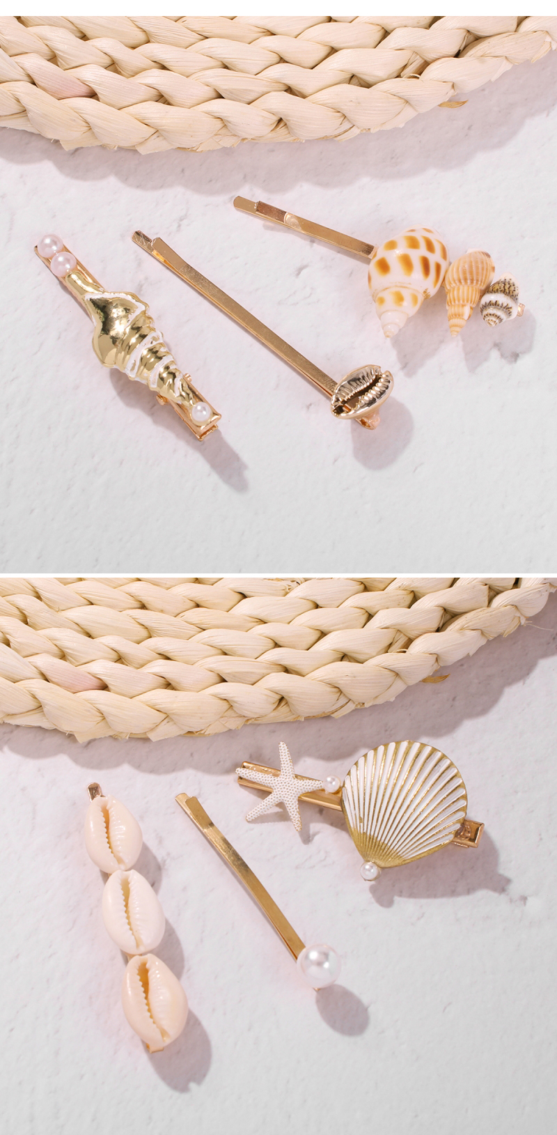 Fashion Golden Conch Alloy Pearl Starfish Shell Hair Clips Three-piece Set,Hairpins