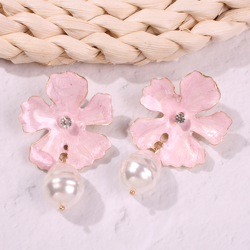 Fashion Pink Alloy Flower Pearl Stud Earrings,Drop Earrings