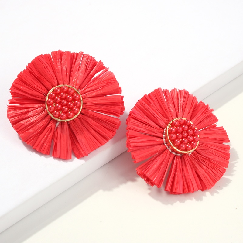 Fashion Red Alloy Raffia Flower Earrings,Stud Earrings