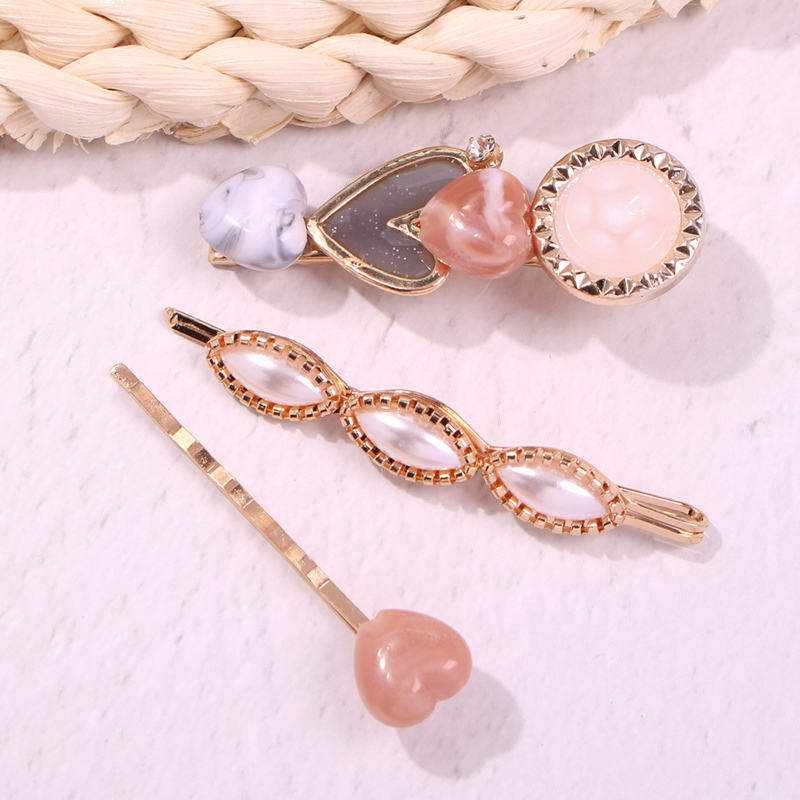 Fashion Pink Heart Alloy Resin Pearl Hair Clip Set,Hairpins