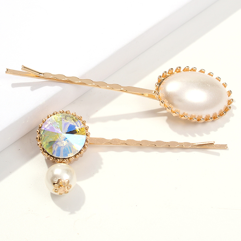 Fashion Irregular Rectangular Three-piece Set Alloy Diamond Pearl Hair Clip Set,Hairpins
