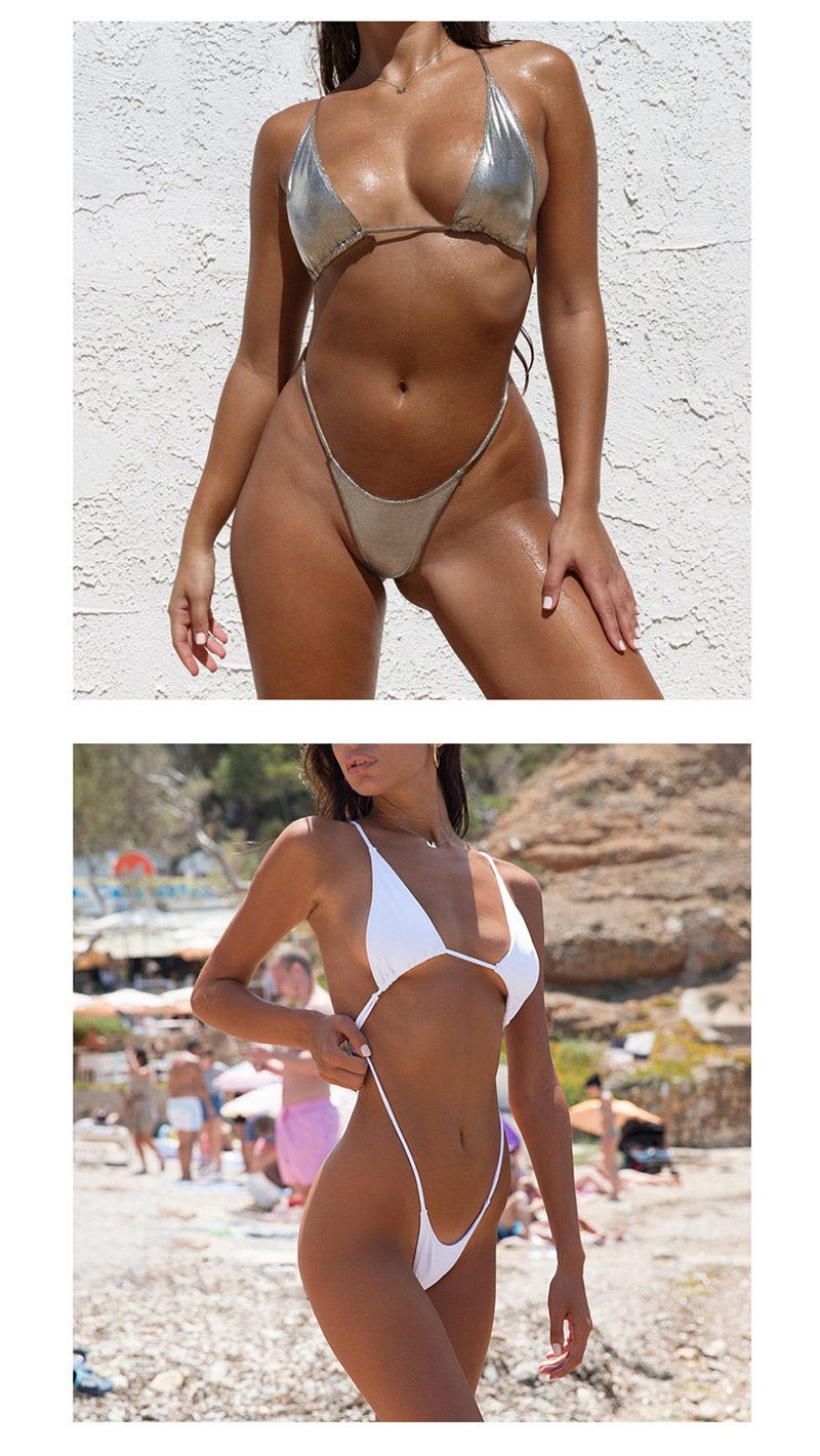 Fashion Bright Leather Silver Open Back Solid Color Triangle Package One-piece Swimsuit,One Pieces