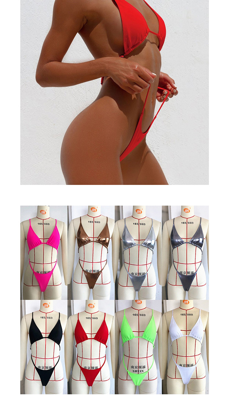 Fashion Bright Leather Silver Open Back Solid Color Triangle Package One-piece Swimsuit,One Pieces