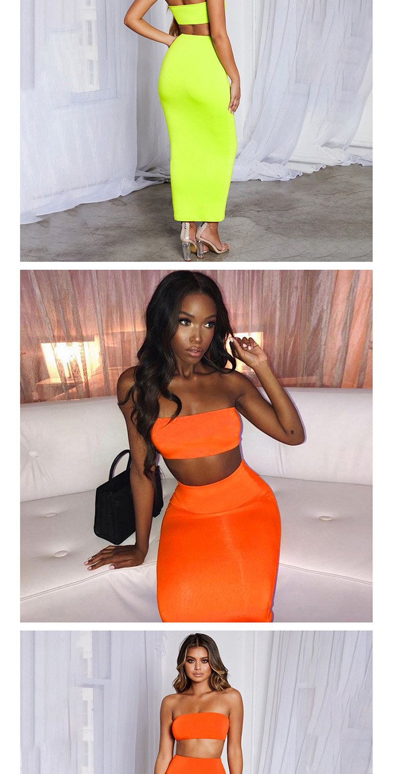 Fashion Fluorescent Yellow One Word Collar Exposed Umbilical Tube Top + High Waist Hip Skirt Suit,Tank Tops & Camis