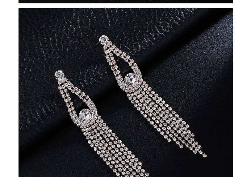 Fashion Silver + White Diamond Studded Tassel Earrings,Drop Earrings