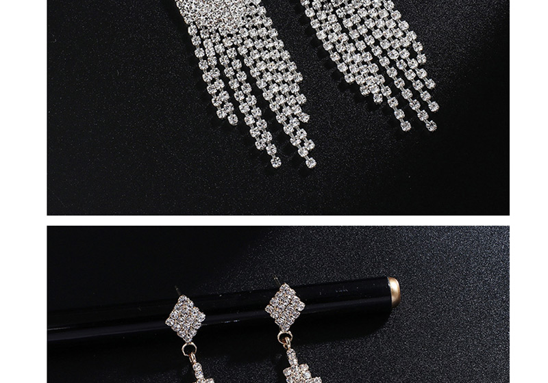 Fashion Gold + White Diamond Fringed Full Diamond Earrings,Drop Earrings