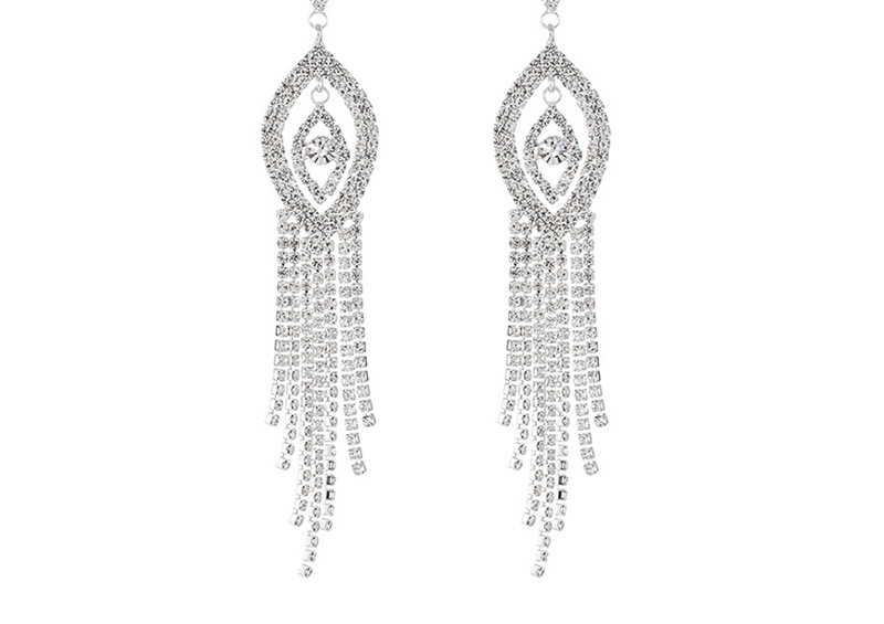Fashion Gold + White Diamond Studded Tassel Earrings,Drop Earrings