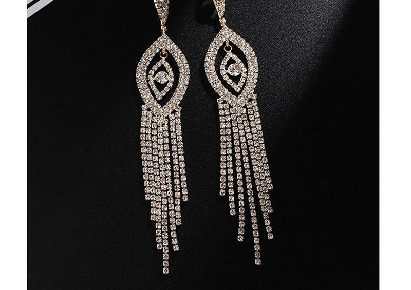 Fashion Gold + White Diamond Studded Tassel Earrings,Drop Earrings