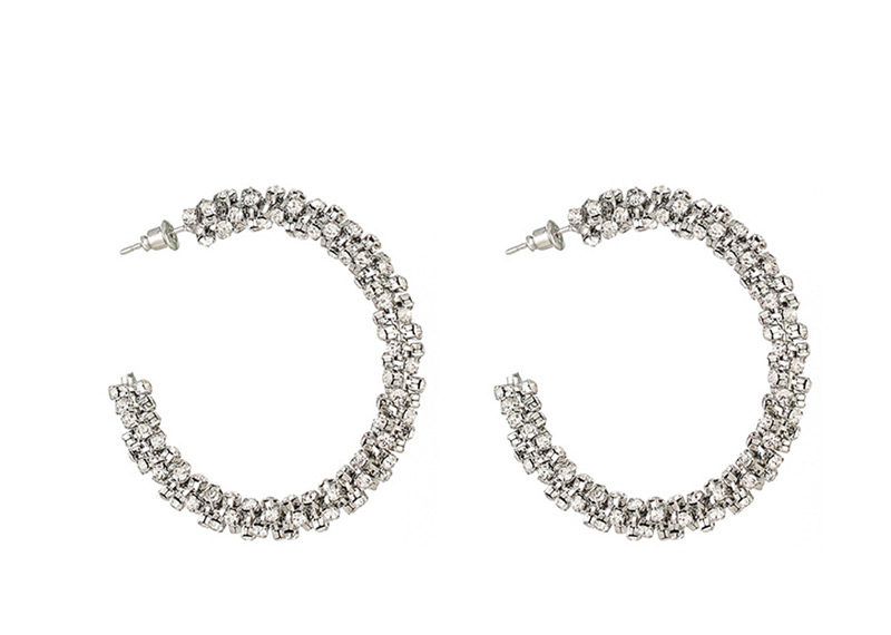 Fashion Silver + White Diamond With Ear Clip Full Diamond Winding C-shaped Earrings,Clip & Cuff Earrings