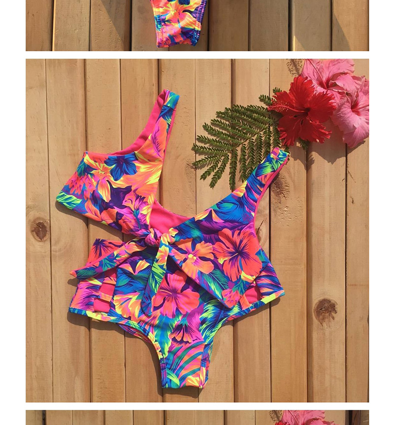  Flowery Ribbon Floral One-shoulder Ruffled Bikini,Bikini Sets