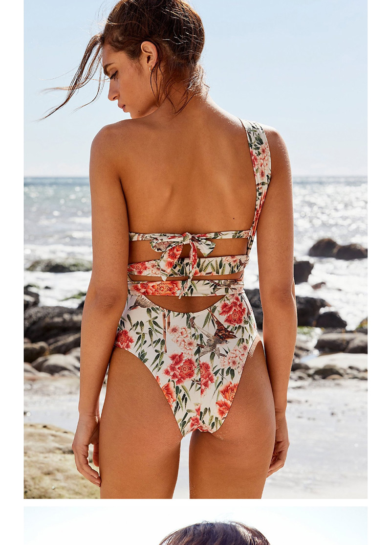  Small Floral One-shoulder Floral Bandage One-piece Swimsuit,One Pieces