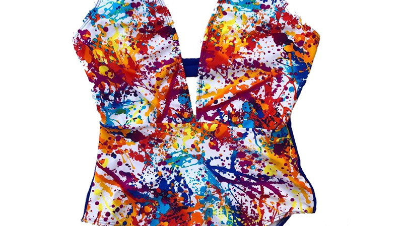 Splashing Ink On White Floral One-piece Swimsuit,Beach Dresses