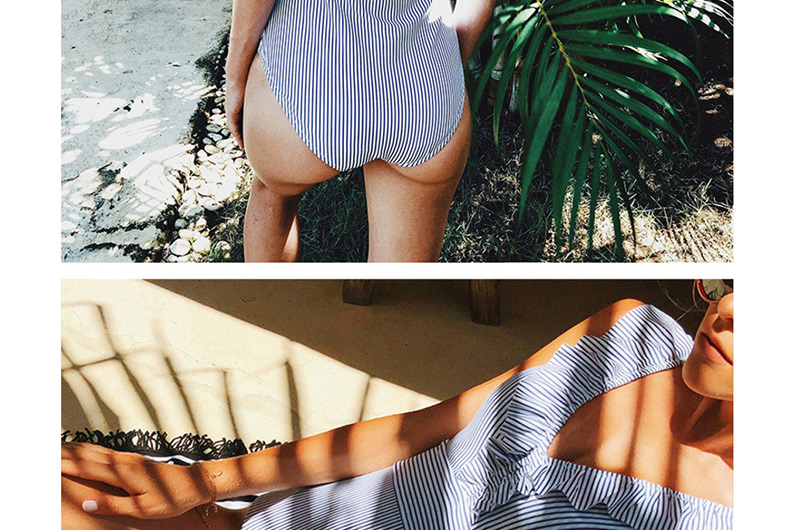  Powder Stripe Ruffled Striped One-piece Swimsuit,One Pieces