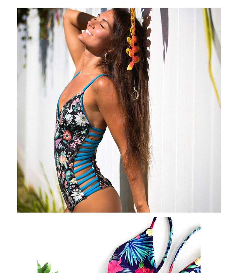  Blue Spell Black Flower Printed Straps Openwork Backless One-piece Swimsuit,One Pieces