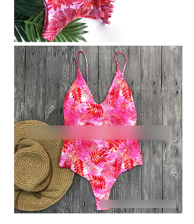  Pink Flower Printed Straps Openwork Backless One-piece Swimsuit,One Pieces
