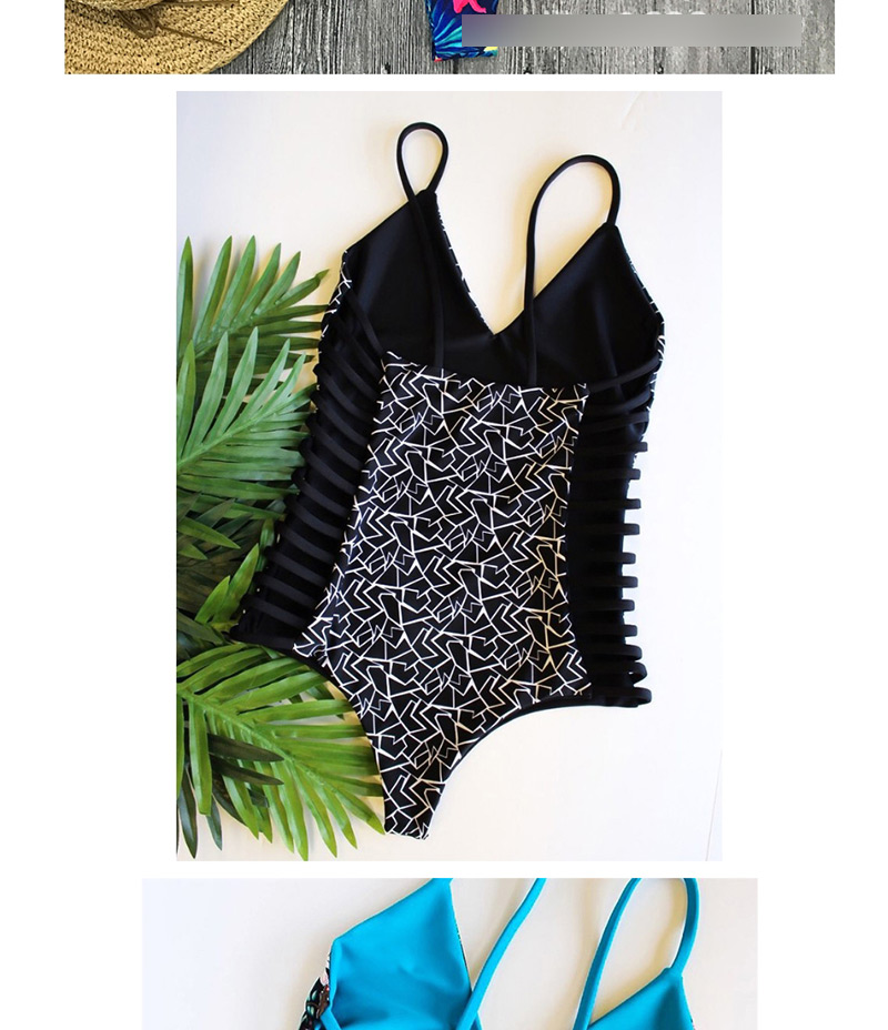  Black Geometry Printed Straps Openwork Backless One-piece Swimsuit,One Pieces
