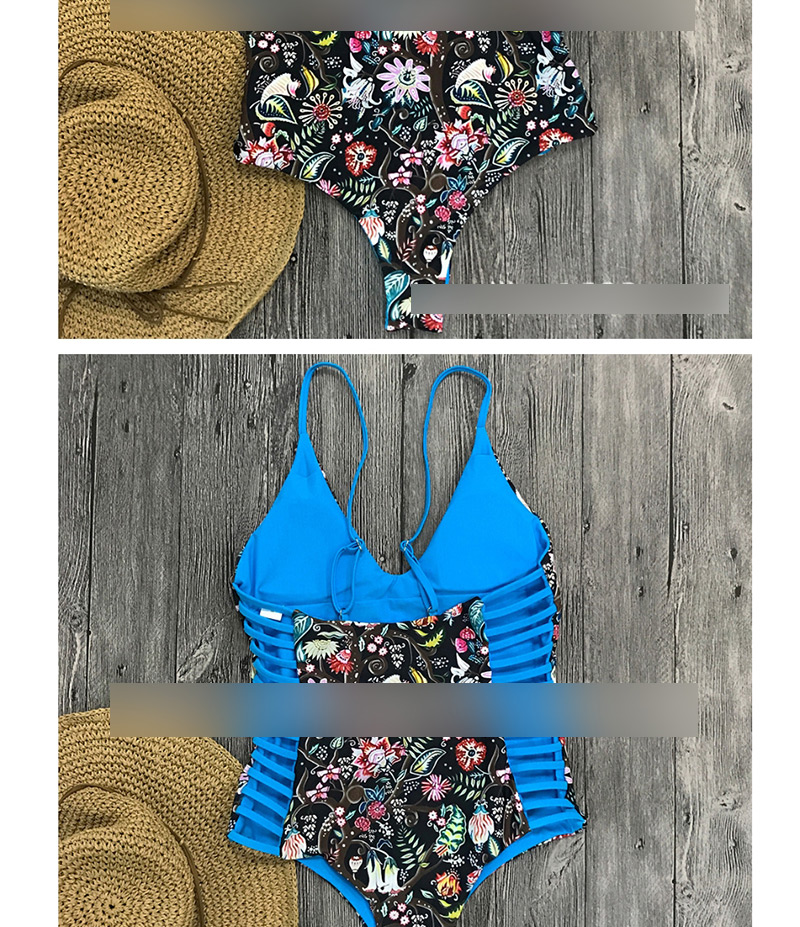  Blue Leaf Flower Printed Straps Openwork Backless One-piece Swimsuit,One Pieces