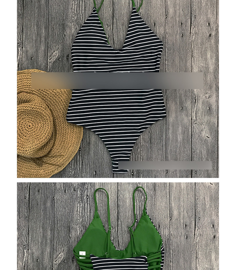  Green Striped Stripe Printed Straps Openwork Backless One-piece Swimsuit,One Pieces