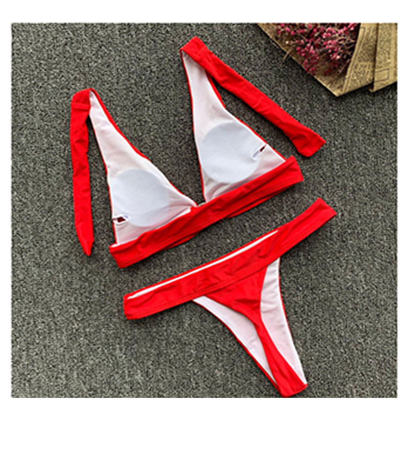 Fashion Red Solid Color Hanging Neck Split Swimsuit,Bikini Sets