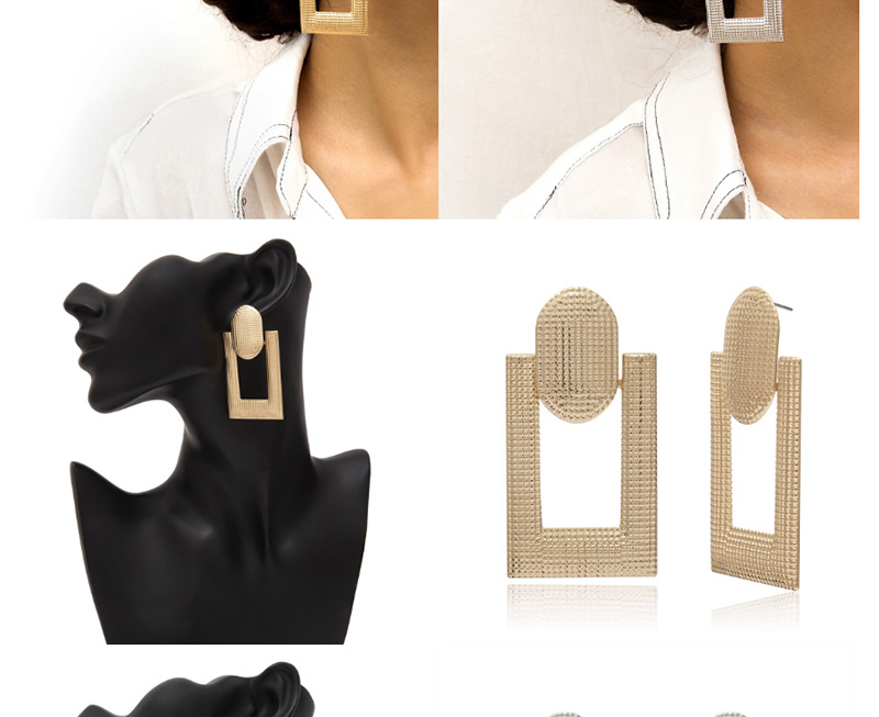 Fashion Gold Hollow Square Bump Pleat Round Stitching Stud Earrings,Drop Earrings