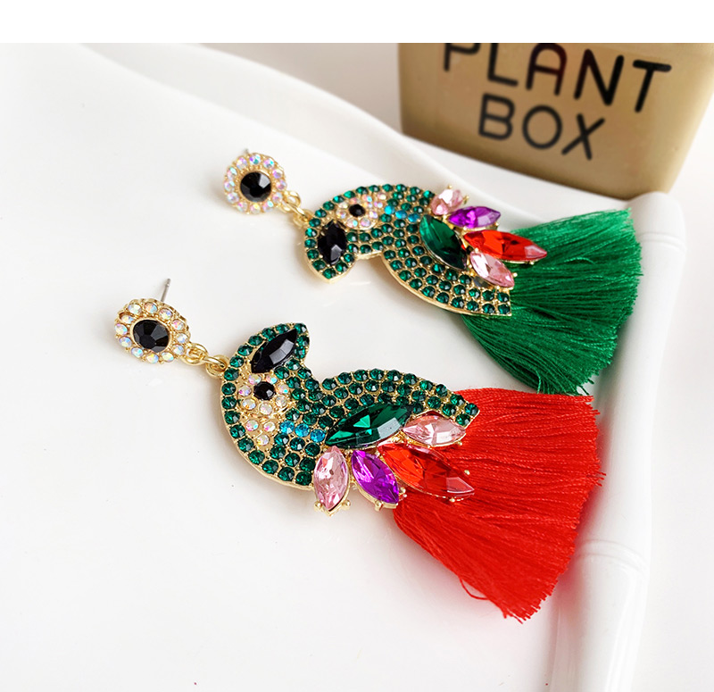 Fashion Green + Red Alloy Diamond-studded Bird Tassel Earrings,Drop Earrings