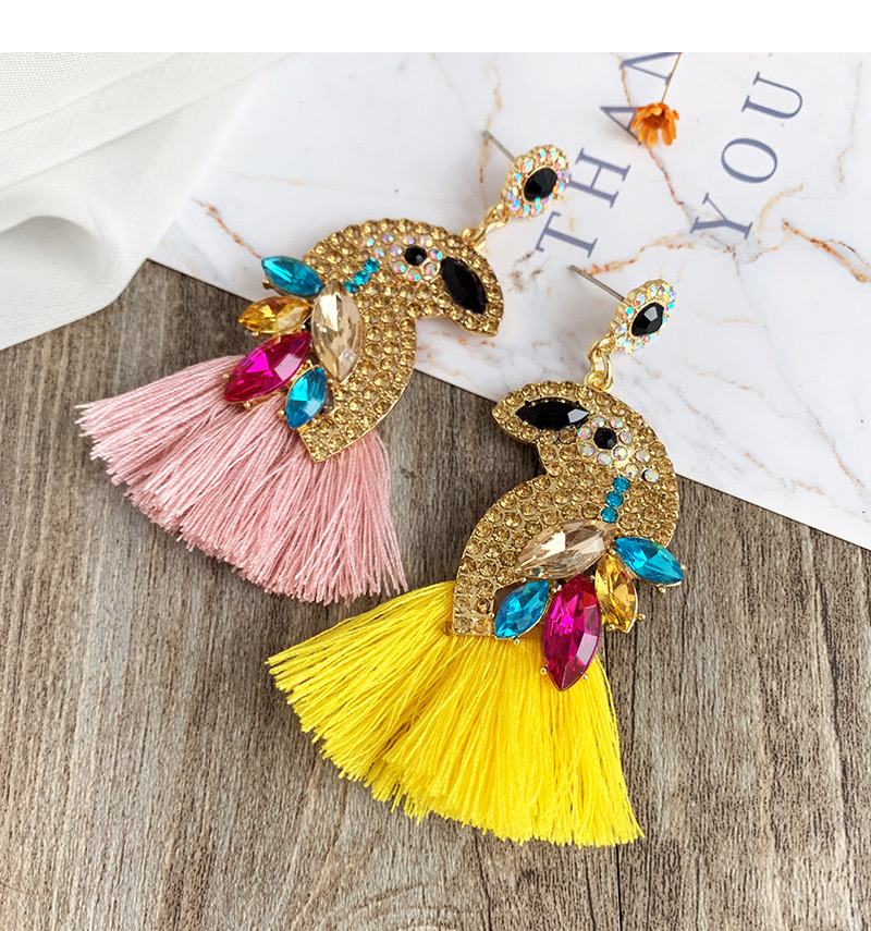 Fashion Yellow + Champagne Alloy Diamond-studded Bird Tassel Earrings,Drop Earrings