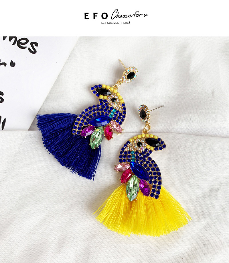 Fashion Purple + Royal Blue Alloy Diamond-studded Bird Tassel Earrings,Drop Earrings