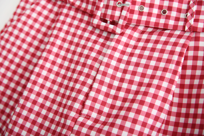 Fashion Red Plaid Printed Belt Shorts,Shorts