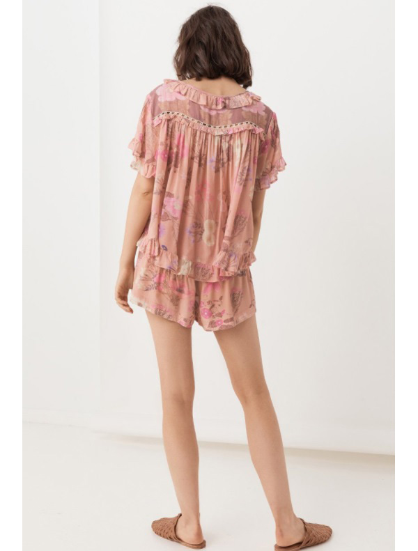 Fashion Pink Solanum Print Elastic Waist Shorts,Shorts