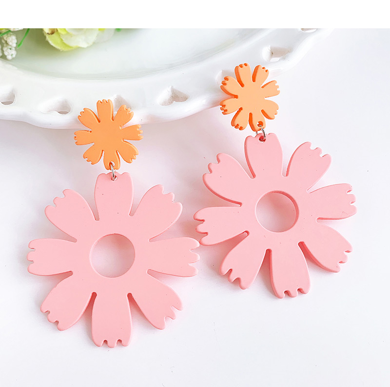 Fashion Pink + Yellow Resin Flower Earrings,Drop Earrings